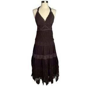 VTG XOXO Brown Crochet‎ Baby Doll Maxi Dress Whimsigoth Dark Fairy 100% Cotton